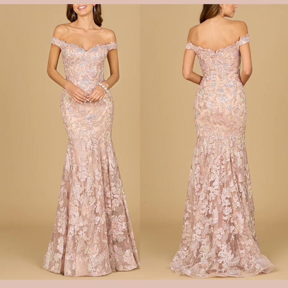NWT $698 LARA NY [ 8 ] 29136 Off Shoulder‎ Sequin Mermaid Gown Blush Pink S2092